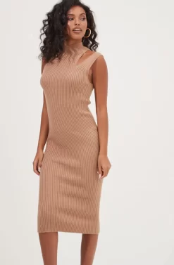 Crawford Shoulder Cutout Sweater Midi Dress -ASTR the Label Store ACDR101027 TAN 3 scaled