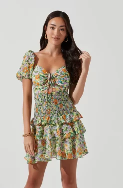 Garland Floral Ruffle Puff Sleeve Mini Dress -ASTR the Label Store ACDR101055SL GREENORANGEMULTIFLORAL 0025 scaled