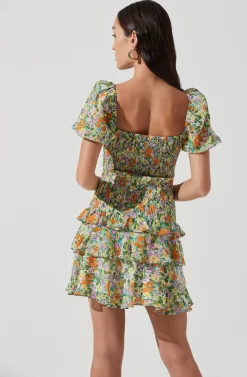 Garland Floral Ruffle Puff Sleeve Mini Dress -ASTR the Label Store ACDR101055SL GREENORANGEMULTIFLORAL 0034 scaled