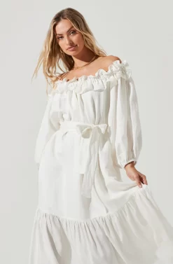 Briony Ruffle Tie Waist Puff Sleeve Midi Dress -ASTR the Label Store ACDR101149 WHITE 2 scaled