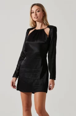 Carina Satin Chain Link Long Sleeve Mini Dress -ASTR the Label Store ACDR101441 BLACK 2 scaled