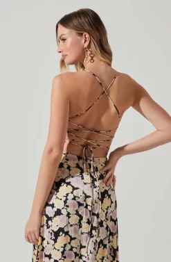 Gala Bustier Cross Strap Midi Dress -ASTR the Label Store ACDR101545 BLACKPURPLEFLORAL 5 scaled