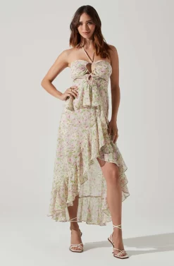 Vivee Floral Asymmetrical Halter Maxi Dress