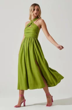 Zaria Pleated Halter Midi Dress -ASTR the Label Store ACDR101778 AVOCADO 2 scaled