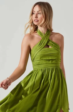Zaria Pleated Halter Midi Dress -ASTR the Label Store ACDR101778 AVOCADO 3 scaled