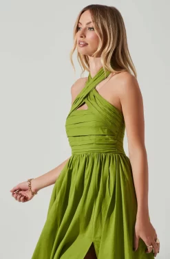 Zaria Pleated Halter Midi Dress -ASTR the Label Store ACDR101778 AVOCADO 4 scaled
