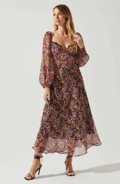 Sylvie Floral Puff Sleeve Midi Dress -ASTR the Label Store ACDR101889 ORANGEPURPLEFLORAL 2 scaled