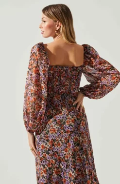 Sylvie Floral Puff Sleeve Midi Dress -ASTR the Label Store ACDR101889 ORANGEPURPLEFLORAL 5 scaled