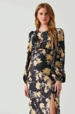Suzy Floral Satin Front Cutout Midi Dress -ASTR the Label Store ACDR101971 BLACKCREAMFLORAL 4 scaled