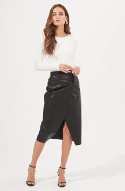 Kari Faux Leather Twist Front Midi Skirt
