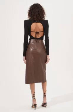 Kari Faux Leather Twist Front Midi Skirt -ASTR the Label Store ACS9076 BROWN 5 scaled