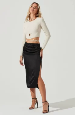 Perry Ruched Side Slit Midi Skirt -ASTR the Label Store ACS9086C BLACK 2 scaled