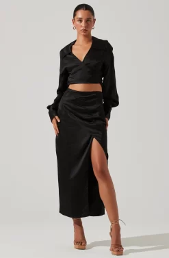 Loretta Satin Wrap Front Midi Skirt -ASTR the Label Store ACS9111VR BLACK 1 scaled