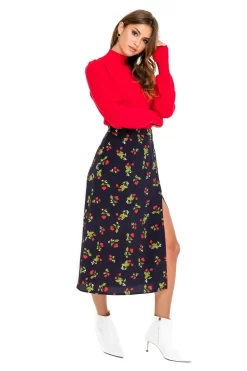 Button Side Slit Midi Skirt 6 Button Side Slit Midi Skirt -ASTR the Label Store ACS923B NAVY CHERRY PRINT 02 scaled