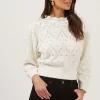 Taya Pearl Embellished Pointelle Frill Neck Sweater