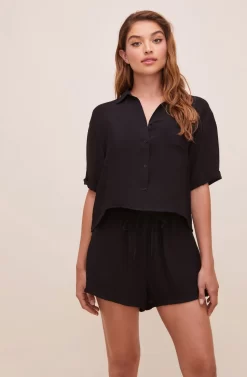 Chrysanthe Short Sleeve Button Up Top -ASTR the Label Store ACT16584 BLACK 3 scaled