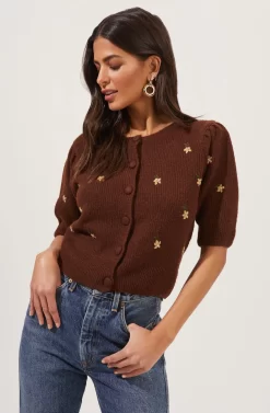 Valeria Flower Embroidered Short Sleeve Cardigan 10 Valeria Flower Embroidered Short Sleeve Cardigan -ASTR the Label Store ACT16805 COCOA 3 scaled