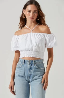 Aldrin Halter Neck Off Shoulder Puff Sleeve Top -ASTR the Label Store ACT17126 WHITE 2 scaled