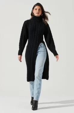 Evangelina Cable Knit Turtleneck Hi Slit Sweater -ASTR the Label Store ACT17274 BLACK 0749 scaled