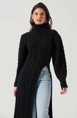 Evangelina Cable Knit Turtleneck Hi Slit Sweater -ASTR the Label Store ACT17274 BLACK 0758 scaled