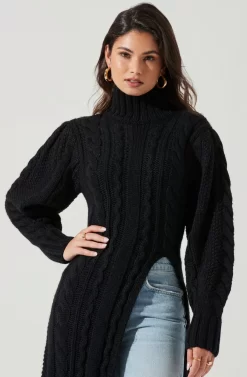 Evangelina Cable Knit Turtleneck Hi Slit Sweater -ASTR the Label Store ACT17274 BLACK 0766 scaled