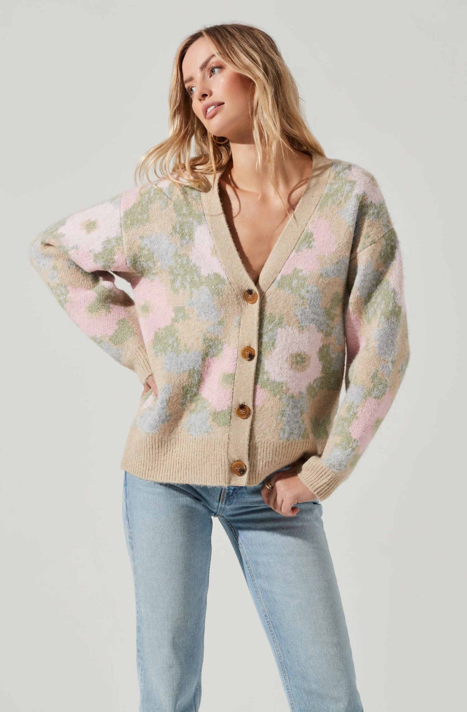 Rosette Floral Contrast Button Cardigan 1 Rosette Floral Contrast Button Cardigan