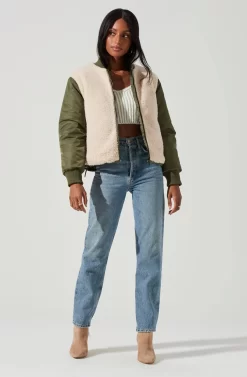 Tegan Faux Shearling Contrast Puffer Jacket -ASTR the Label Store ACT17307 OLIVE IVORY 0926 scaled