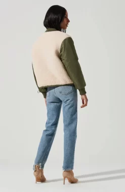 Tegan Faux Shearling Contrast Puffer Jacket -ASTR the Label Store ACT17307 OLIVE IVORY 0936 scaled