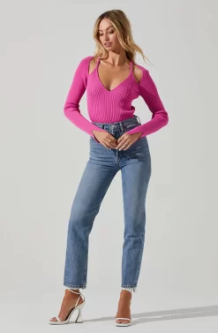 Estefania Shoulder Cutout Sweater -ASTR the Label Store ACT17497 HOTPINK 1 scaled