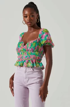 Leigh Floral Pleated Puff Sleeve Top -ASTR the Label Store ACT17509 GREENPINKMULTI 2 scaled