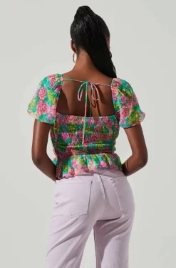Leigh Floral Pleated Puff Sleeve Top -ASTR the Label Store ACT17509 GREENPINKMULTI 4 scaled