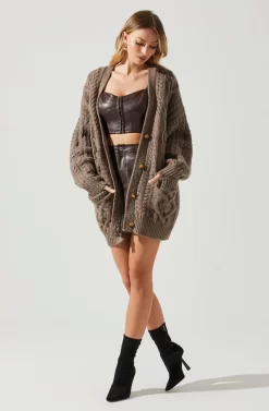 Charli Cable Knit Oversized Cardigan Sweater -ASTR the Label Store ACT17626 MOCHA 2 scaled