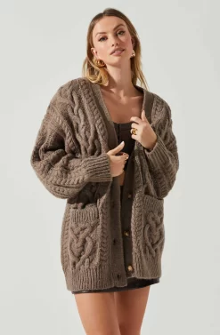 Charli Cable Knit Oversized Cardigan Sweater -ASTR the Label Store ACT17626 MOCHA 3 scaled