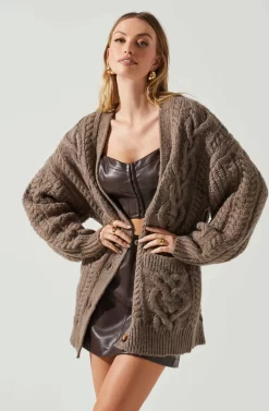 Charli Cable Knit Oversized Cardigan Sweater -ASTR the Label Store ACT17626 MOCHA 4 scaled