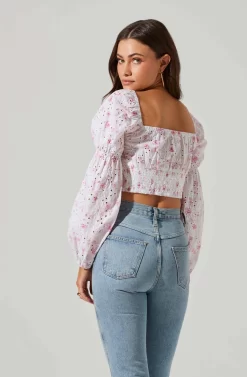 Valo Floral Eyelet Long Sleeve Crop Top -ASTR the Label Store ACT17676 PINKFLORAL 4 4 scaled