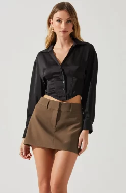 Millie Cropped Button Up Satin Top -ASTR the Label Store ACT17847 BLACK 3 scaled