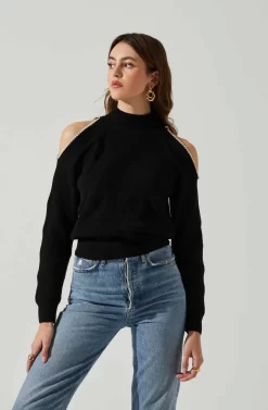 Tori Pearl Embellished Cold Shoulder Sweater -ASTR the Label Store ACT17885 BLACK 3 scaled