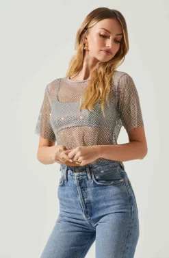 Mckay Rhinestone Mesh Short Sleeve Top -ASTR the Label Store ACT18042 GREY 4 scaled