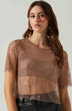 Mckay Rhinestone Mesh Short Sleeve Top -ASTR the Label Store ACT18042 TAUPE 3 scaled