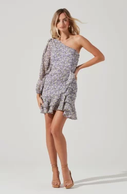 Cara Floral One Sleeve Ruffle Mini Dress -ASTR the Label Store ADR100843B YELLOWBLUEMULTIFLORAL 0359 scaled