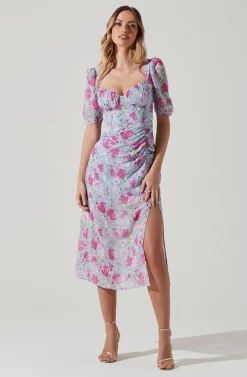 Floral Front Slit Milkmaid Midi Dress -ASTR the Label Store ADR100913 BLUEMAGENTAFLORAL 1 scaled