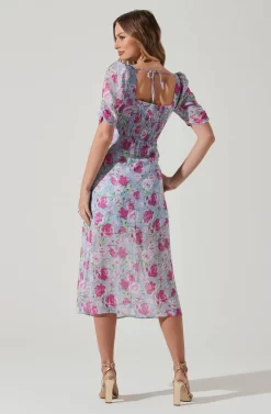 Floral Front Slit Milkmaid Midi Dress -ASTR the Label Store ADR100913 BLUEMAGENTAFLORAL 6 scaled
