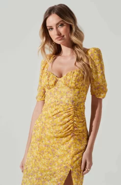 Floral Front Slit Milkmaid Midi Dress -ASTR the Label Store ADR100913 YELLOWPURPLEFLORAL 4 scaled