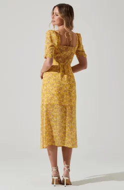 Floral Front Slit Milkmaid Midi Dress -ASTR the Label Store ADR100913 YELLOWPURPLEFLORAL 6 scaled