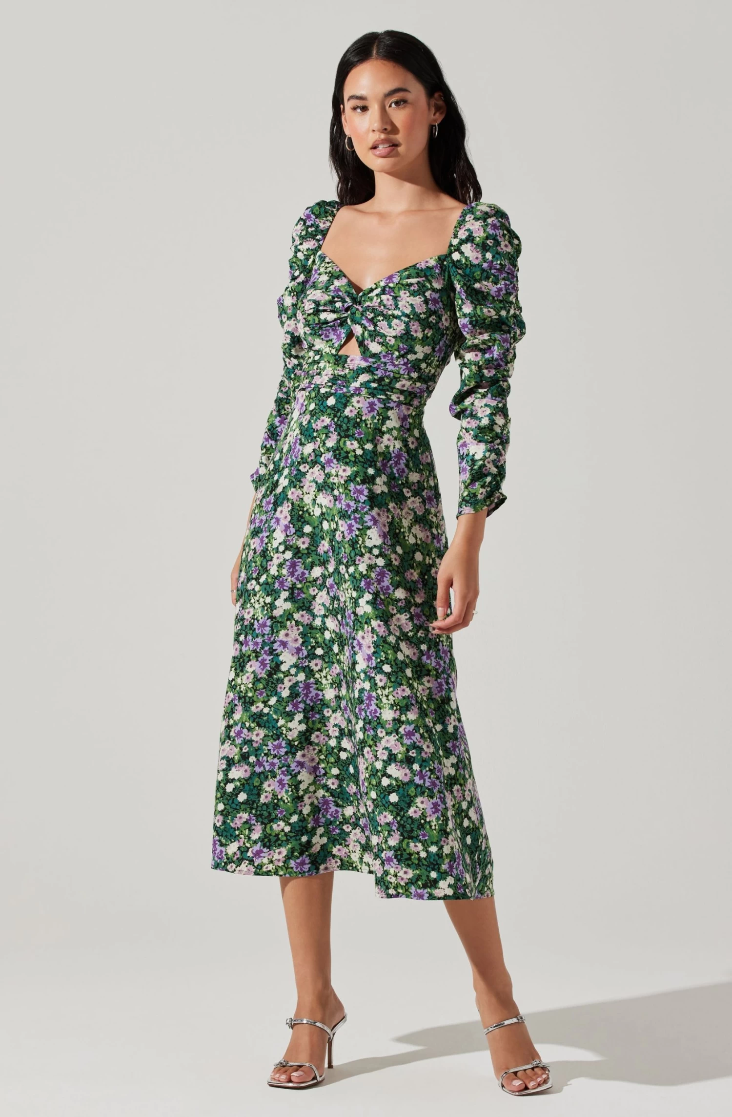 Floral Long Sleeve Twist Keyhole Front Midi Dress 3 Floral Long Sleeve Twist Keyhole Front Midi Dress - Image 3
