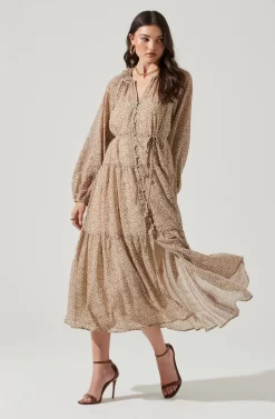 Long Sleeve Floral Button Front Tiered Midi Dress -ASTR the Label Store ADR100998B IVORY BROWNMULTI 1 scaled