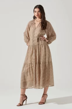 Long Sleeve Floral Button Front Tiered Midi Dress -ASTR the Label Store ADR100998B IVORY BROWNMULTI 2 scaled