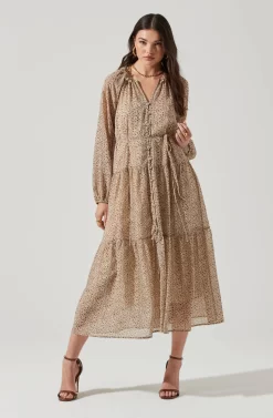 Long Sleeve Floral Button Front Tiered Midi Dress -ASTR the Label Store ADR100998B IVORY BROWNMULTI 3 scaled