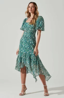 Floral Short Sleeve Asymmetrical Hem Midi Dress -ASTR the Label Store ADR101039 GREENMULTI 2 scaled