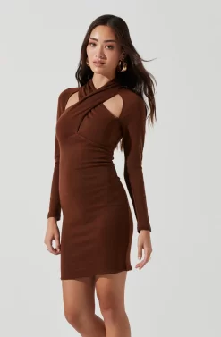 Long Sleeve Wrap Neck Cutout Dress